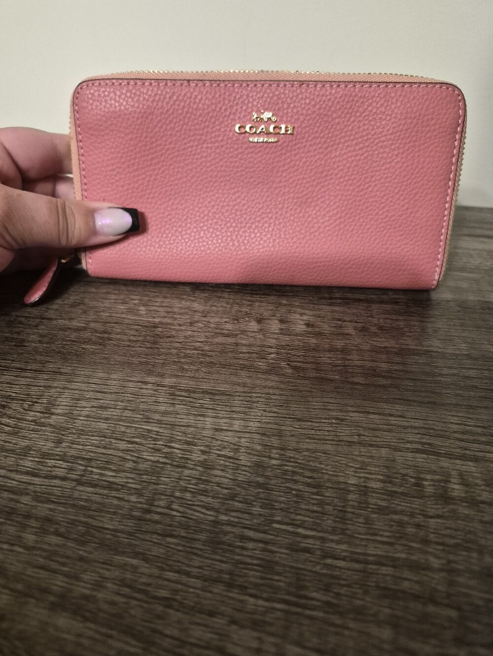 Coach Pink Pebbled Leather Zip Wallet with Gold Logo